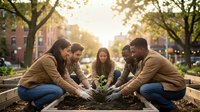 Diverse group of young adults planting seedling together in urban community garden during golden hour sunset, teamwork and environmental conservation concept.