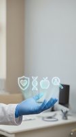 Healthcare professional in blue latex gloves holding digital health icons including heart shield, DNA helix, apple, and magnifying glass. Medical technology and wellness concept for healthcare applications.