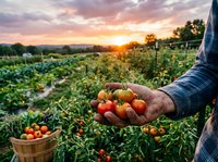 Farmer holding fresh cherry tomatoes at sunset in organic vegetable garden with golden sky and lush green plants creating peaceful agricultural scene.