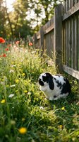 Black and white rabbit exploring lush garden with wildflowers and wooden fence, perfect for pet care, nature, and outdoor lifestyle content.