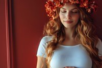 Young woman with long wavy red hair wearing floral crown of orange flowers and white t-shirt smiling with eyes closed against burgundy wall background.
