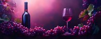 Red wine bottle and glass surrounded by fresh ripe grapes on dark background with purple mystical lighting, romantic wine tasting atmosphere.