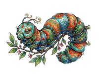 Ornate caterpillar with intricate patterned segments in turquoise, orange, and gold tones, decorated with floral motifs and curling antennae, isolated on white background for design projects.