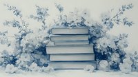 Stack of books surrounded by delicate blue floral arrangements and soft petals creating dreamy romantic composition against light background.