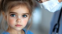 Young girl with striking blue eyes and gentle expression during medical checkup, soft focus portrait with doctor in background wearing protective mask.