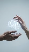 Protective hands surrounding glowing brain hologram representing mental health care, neurology, psychology, and cognitive wellness concepts.