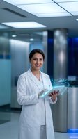 Professional female doctor in white coat using digital tablet with holographic interface in modern medical facility for healthcare technology applications.