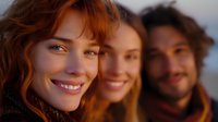 Young diverse friends smiling outdoors at sunset, expressing genuine joy and connection. Natural warm lighting highlights authentic emotions and casual lifestyle.