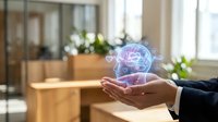 Professional businesswoman holding glowing digital brain hologram in modern office environment representing artificial intelligence and innovation.