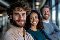 Diverse group of young professionals smiling in modern office space, showcasing workplace diversity and teamwork. Natural lighting highlights genuine expressions.