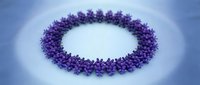 Purple coronavirus particles arranged in circular formation on gradient blue background for medical education and scientific research presentations.