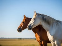 Two horses standing close together in golden sunlight against clear blue sky in open field during warm evening hours for equestrian and ranch lifestyle content.