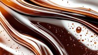 Luxurious swirls of copper and dark chocolate liquid with splashes and droplets creating dynamic flowing pattern on white background, suitable for food packaging design.