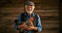 Senior male farmer with gray hair and beard, wearing denim shirt and headband, holding brown speckled chicken against rustic wooden barn background. Suitable for agriculture, farming lifestyle, poultry care, and rural business content.
