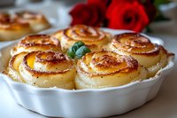 Golden baked potato roses arranged in white ceramic dish with caramelized edges and fresh herbs garnish for gourmet cooking and food presentation.