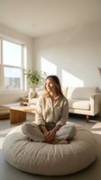 Young woman meditating on floor cushion in bright minimalist living room with natural sunlight streaming through window creating peaceful atmosphere.