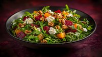Fresh salad with roasted beets, butternut squash, arugula, goat cheese crumbles and candied walnuts on dark plate against burgundy background.