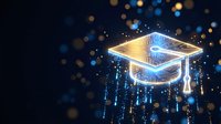 Glowing graduation cap with digital particles and bokeh lights on dark blue background symbolizing academic achievement and educational technology success.