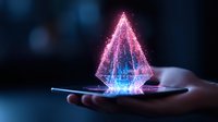 Glowing holographic pyramid emerging from smartphone screen with pink and blue light particles, futuristic technology concept displayed in dark environment.