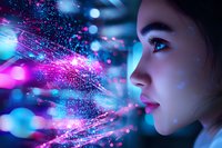 Asian woman profile with glowing particles and neon lights creating magical atmosphere. Vibrant pink and blue colors blend with bokeh effects and sparkling elements.