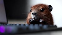Curious brown guinea pig peeking over computer keyboard with adorable expression, whiskers forward and bright eyes looking directly at camera. Perfect for pet humor and office concepts.