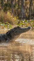 American alligator emerging from swamp water with mouth open showing teeth in natural wetland habitat with forest background and water droplets.