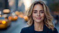 Young professional woman with blonde wavy hair and confident smile against blurred urban cityscape with bokeh lights and taxi cabs in background during evening hours.
