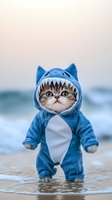 Adorable tabby kitten wearing blue shark costume standing on beach at sunset, waves in background. Funny pet dressed up in plush animal outfit for social media content.