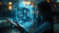 Young Asian woman interacting with glowing holographic scales of justice symbol against dark background with bokeh lights, representing digital law technology.