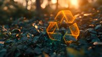 Glowing recycle symbol on forest ground at sunset with golden bokeh lights, environmental conservation concept for sustainable future and eco awareness.