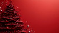 Stylized red Christmas tree silhouette with silver glitter and baubles on gradient red background, modern minimalist holiday design for seasonal greetings.