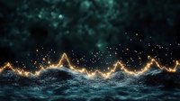 Glowing golden wave pattern with sparkles against dark turquoise background, creating magical energy visualization effect for abstract and financial concepts.