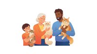Happy multiracial family with pets holding cats and dog together on white background isolated for design use.