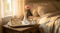 Cozy bedroom interior with morning sunlight, wooden nightstand, pink flower in vase, coffee cup and inspirational note creating peaceful atmosphere.