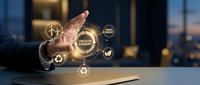 Businessman hand touching glowing digital icons representing sustainability, recycling, and eco-friendly technology solutions for corporate environmental responsibility.