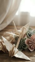 Handmade origami paper cranes and flowers arranged on wooden surface in soft natural light creating peaceful zen atmosphere for meditation and mindfulness.