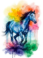 Blue horse galloping through vibrant watercolor splashes with rainbow paint drips and artistic splatters on white background for creative design projects.