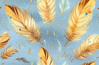 Elegant golden feathers floating on light blue background with glittering gold confetti pattern. Seamless luxury design perfect for fabric, wallpaper, and festive decorations.