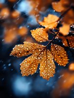 Autumn maple leaf covered in raindrops against dark blue background, macro photography with selective focus creates dreamy seasonal atmosphere.