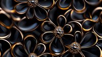 Elegant black and gold floral pattern with metallic petals and crystal centers creating luxurious decorative background for fashion and jewelry design projects.