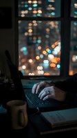 Hands typing on laptop at night with city lights bokeh through window creating atmospheric workspace for remote work and productivity.