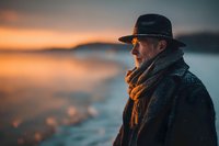 Mature Caucasian man in hat and scarf gazing at sunset over water, contemplative mood for lifestyle and travel content.