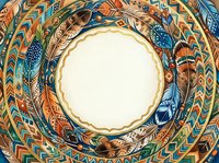 Ornate circular frame with Egyptian-inspired feather patterns in turquoise, gold, and orange tones. Isolated design element on white background, ready for graphic design, invitations, and branding projects.