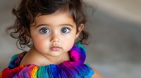 Young Hispanic girl with curly dark hair and bright blue eyes wearing colorful rainbow ruffle dress, looking directly at camera with innocent expression. Soft window lighting.