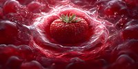 Fresh strawberry splashing into red juice creating dynamic ripple effect, vibrant food photography for beverage advertising and menu design.