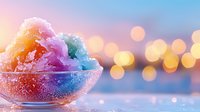 Colorful shaved ice dessert in glass bowl against blurred bokeh lights background, featuring rainbow gradient colors from orange to pink and blue.