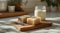 Natural handmade soap bars with lavender on rustic wooden tray, glass jar of milk or lotion, soft morning light, minimalist bathroom decor setting.