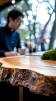 Wooden table with natural edge and moss detail in foreground, blurred Asian male in dark shirt working at outdoor cafe with bokeh lights and greenery background.