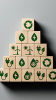 Wooden blocks stacked in pyramid shape featuring green renewable energy icons including recycling symbols, lightning bolts, wind turbines, solar panels, and electric plugs representing sustainable power and eco-friendly technology concepts.