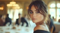 Young woman with elegant updo hairstyle and natural makeup looking over shoulder in warm-lit restaurant setting with soft bokeh background and romantic atmosphere.
